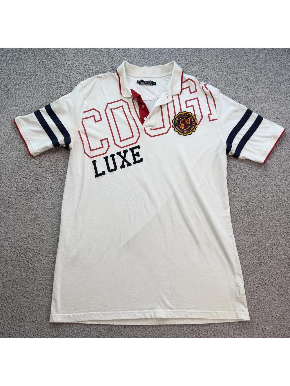 Coogi Luxe Sport Big Logo Rugby Stripe Polo Shirt White Red Navy 4XL Y2K